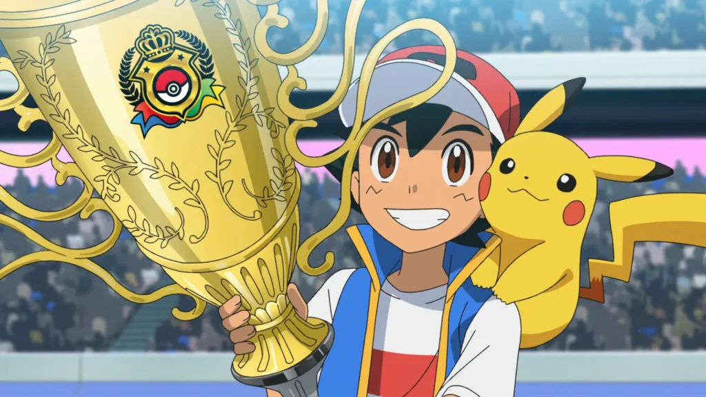Ash and Pikachu claiming Champion's trophy